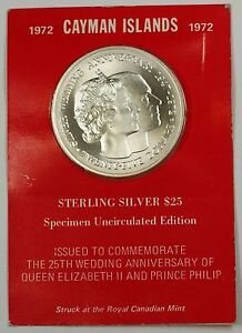 Marriage Queen Elizabeth II 1972 Cayman Islands 25 Dollar Silver Coin 25th Ann