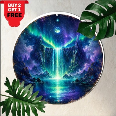 Iridescent Green Blue Round Panel Metal Sign Abstract Modern Art Wall Plaque