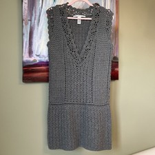 Diane Von Furstenberg Size S Gray Crochet Knit Tunic Sweater Dress Wool 