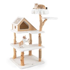 60" Tall Solid Wood Cat Tree w/ Jute Scratching Posts Sisal Rope 2 Perches Condo