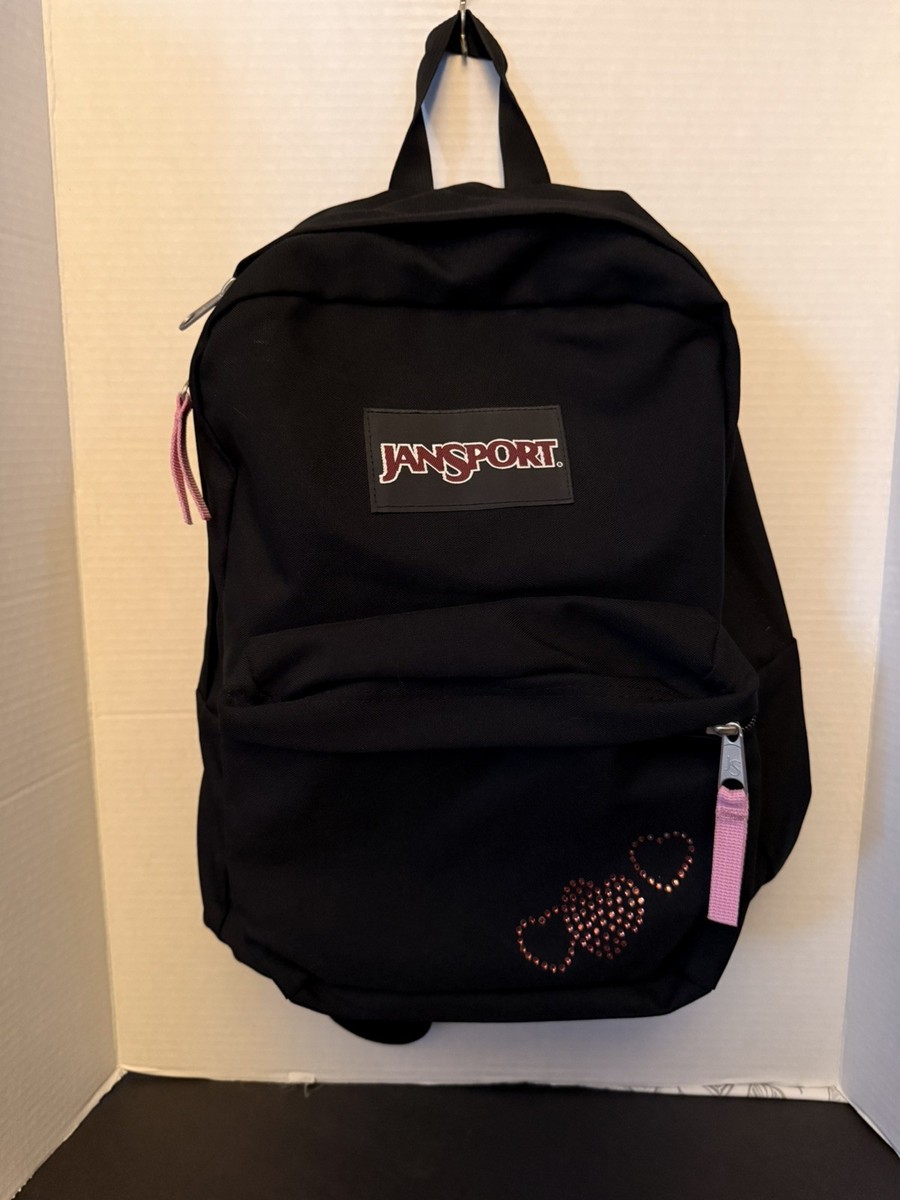 JanSport SuperBreak Plus Backpack Black with pink hearts