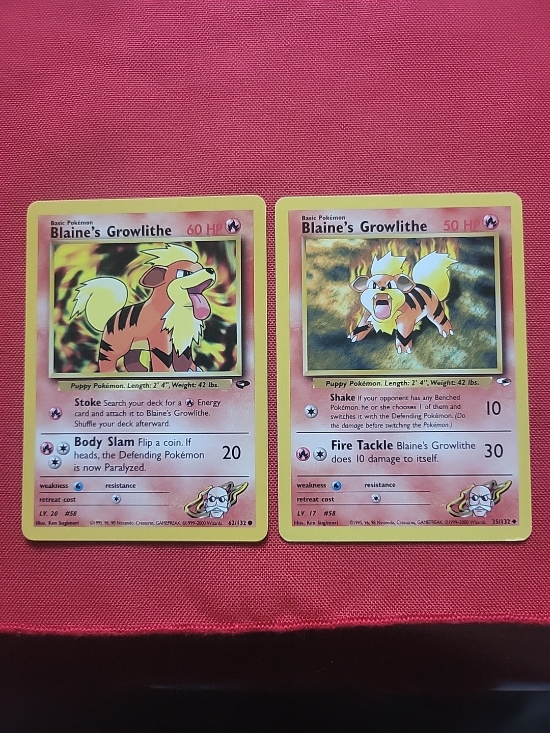 Pokemon: Blaine’s Growlithe #62/132 & 35/132 Gym Heroes 2000 WOTC - LP - M33
