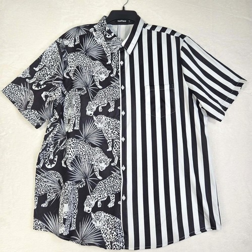 VatPave Satin Short Sleeve Button-Up Shirt Mens X-Large Black/White Tiger Print - Picture 2 of 10