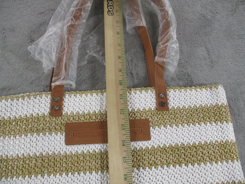 Thirty-One Jewell Tote Bag Womens Large White Olive Stripe Woven with Pouch - Image 3 of 4
