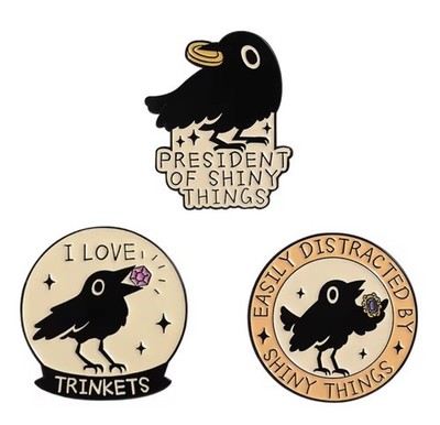 3 x Shiny Things Trinkets Easily Distracted Crow Themed Enamel Pin Badge Lot