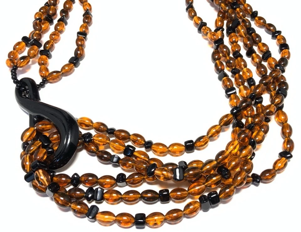 Серебряного тона оранжевый и черный смолы цепочка ожерелье и серьги комплект KZ116 - Изображение 3 из 4