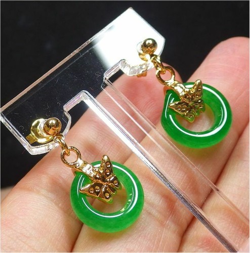 Genuine Green Jade Circle Yellow Gold Plated Butterfly Stud Dangle Earrings - Picture 2 of 6