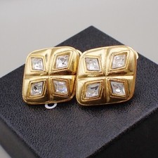 CHANEL Logo Rhinestone Diamond Shape Button Earrings Clip-On GHW 31RL075