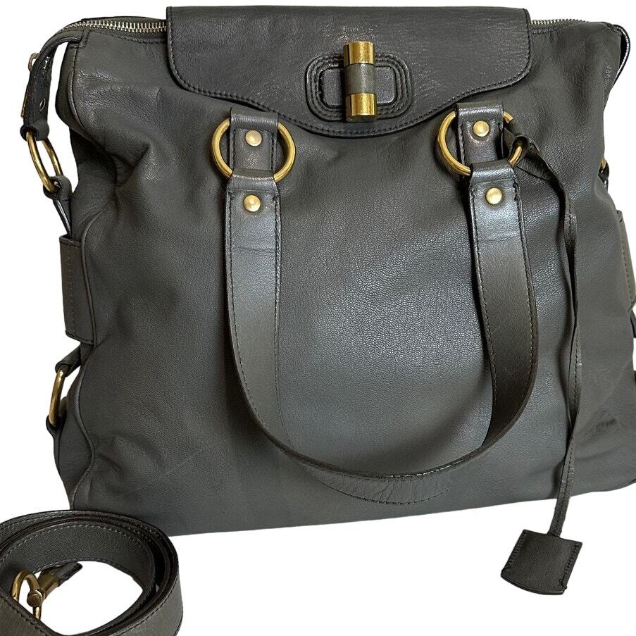 Borsa Yves Saint Laurent Rive Gauche grande con manico superiore in pelle grigia Chevre