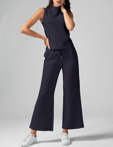 Two Piece Sets Women Summer Lounge Mock Neck Tops Wide Leg Crop Pants Outfits - Picture 86 of 180