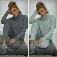 Ladies Womens Chunky Knitted High Roll Neck Top Bottom Lounge Wear Tracksuit Set