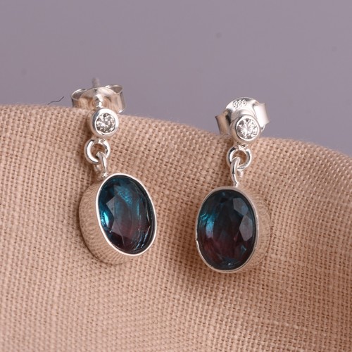 925 Sterling Silver Multi Color Alexandrite Oval Stone Dangling Stud For Women - Picture 7 of 9