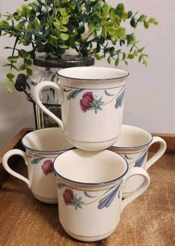 Vintage LENOX CHINASTONE POPPIES ON BLUE Large Coffee Mug SET OF 4