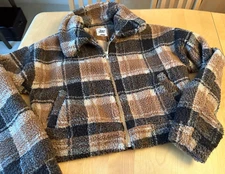 TIGER MIST BROWN PLAID CROPPED SHERPA JACKET WOMENS SZ XS