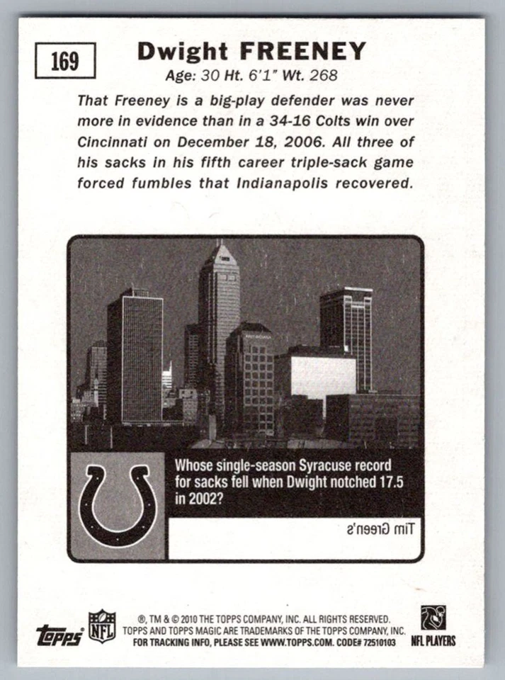 2010 Topps Magic Dwight Freeney Indianapolis Colts #169 - Image 2 of 2