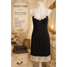 Vintage Vanity Fair Black Nylon Slip Lace Bodice Hem Size 34 1960s