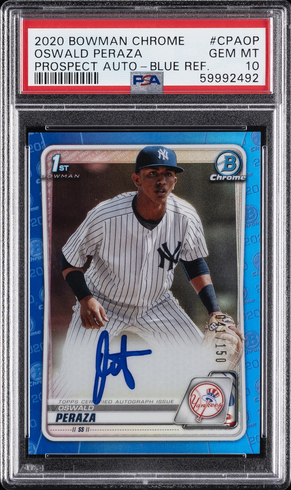 2020 BOWMAN CHROME PRSPCT AUTOS BLUE REFRACTOR OSWALD PERAZA 41/150 PSA 10 AUTO