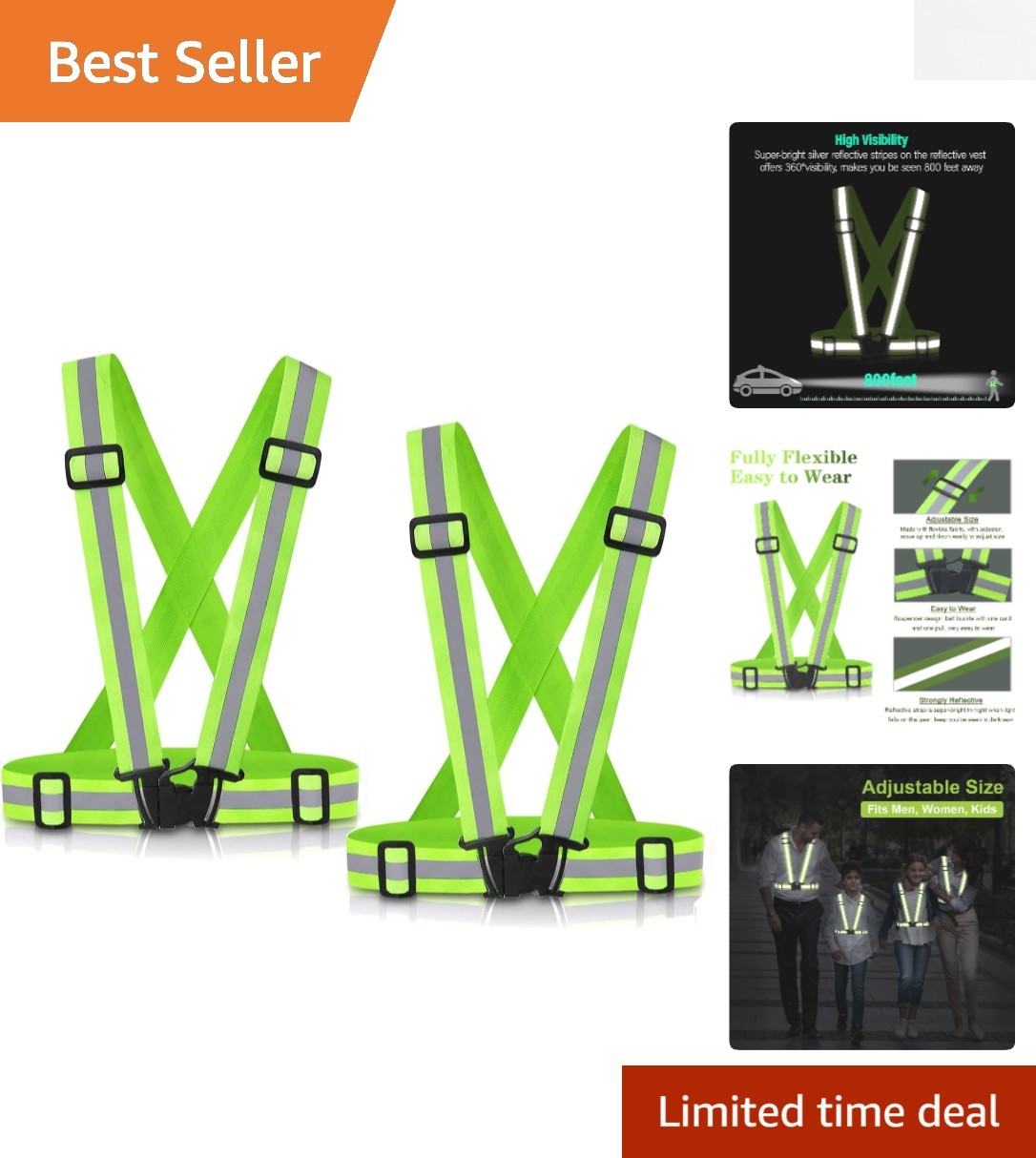 Lightweight Reflective Vests for Jogging, Cycling & Walking - 2 Adjustable Vests