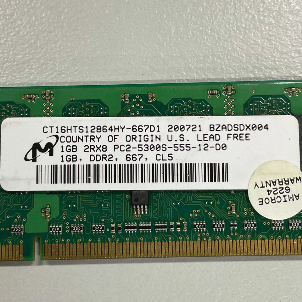 Micron 1GB DDR2 RAM PC2-5300 667MHz Unbuffered CL5 SODIMM CT16HTS12864HY-667D1 - Image 2 of 3