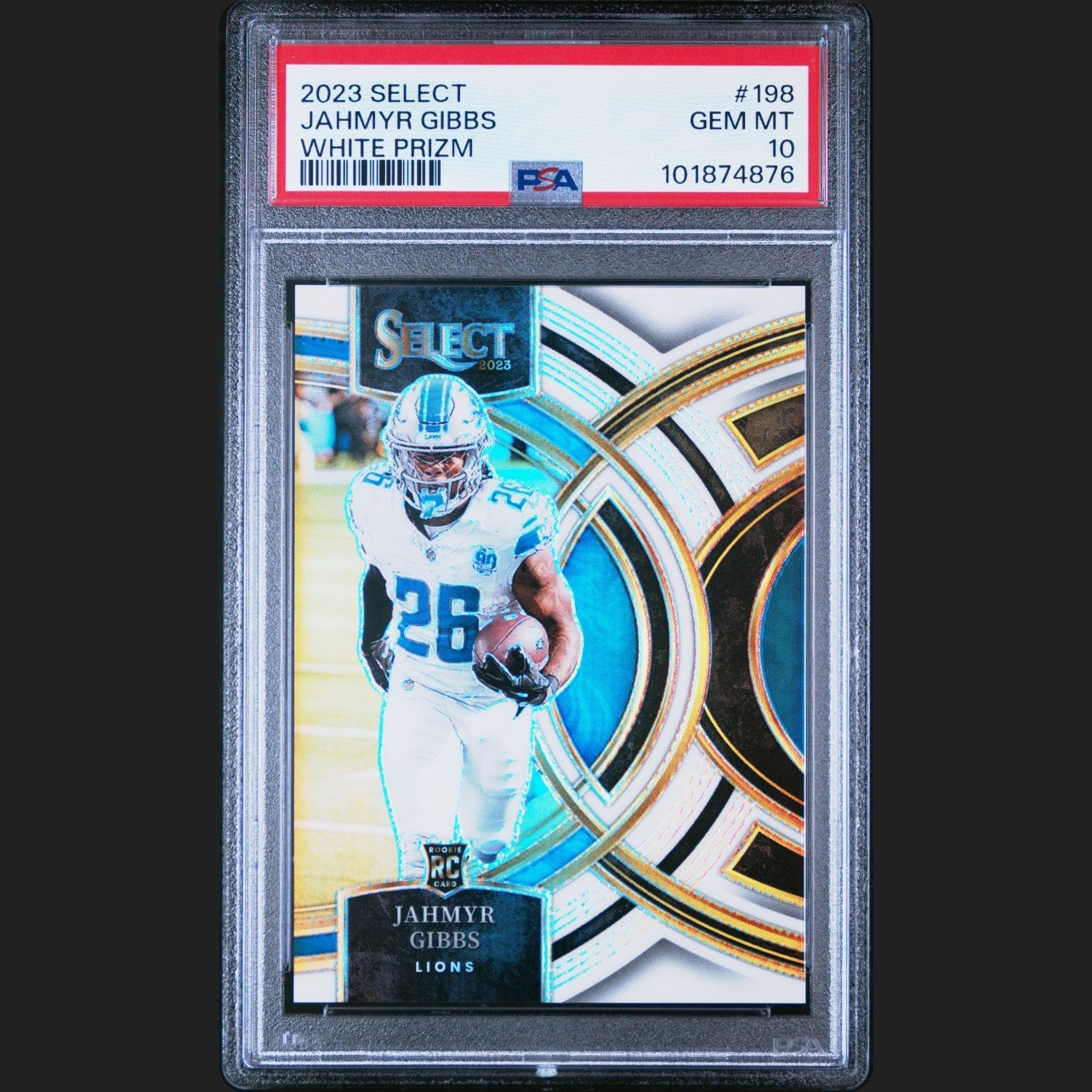 2023 Panini Select Premier Level Jahmyr Gibbs #198 White Prizm /35 (RC) PSA 10