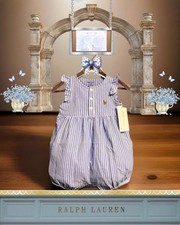 Girls NWT Polo Ralph Lauren Romper Blue  White Stripes Free Bow 9 Months