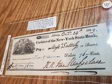1839 Cashier Check signed by H.R. Van Rensselaer