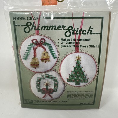 NEW Vintage Fibre Craft Shimmer Stitch makes 3 3'' ornaments Christmas 9137