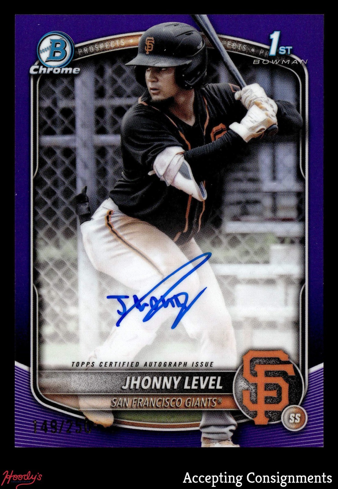 2025 Bowman Chrome Autograph Purple Refractor Jhonny Level /250 ROOKIE 1st AUTO