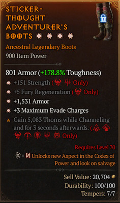 S13 Legendary Boots+151 STR+5 Fury Regen+1,531 Armor+3 Max Evade Charges