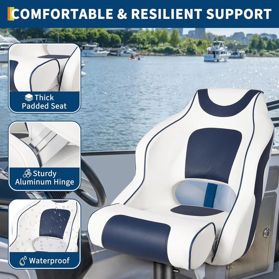 Captains Bucket Seat Boat Seat Flip Up Boat Seat White/Blue for Fishing Foto 3 de 4