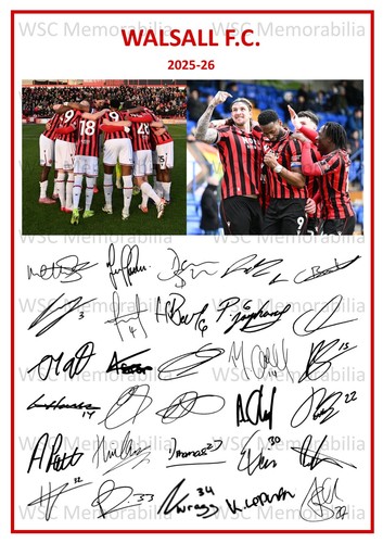 12285. 2025-26 Walsall FC Signed Team Photo Sheet (PRINTED AUTOGRAPH - A4)