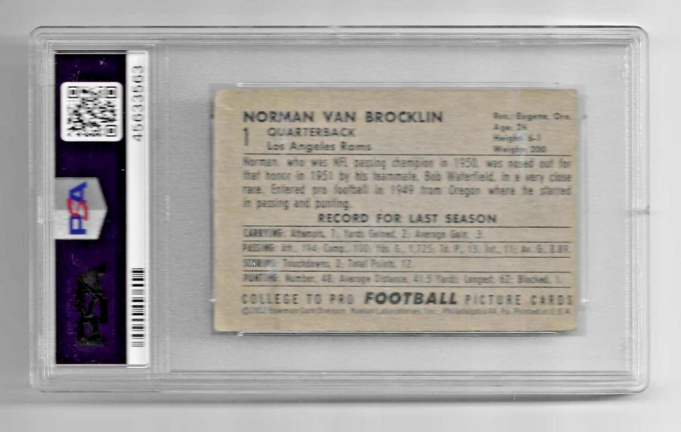 1952 BOWMAN SMALL FOOTBALL CARD #1 HOF NORM VAN BROCKIN GRADED PSA 3 NQ NFL RAMS - Image 4 of 4