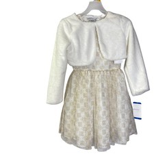 Rare Editions Girls Cream Gold Dress With Faux Fur Jacket Set Md 10-12 NWT