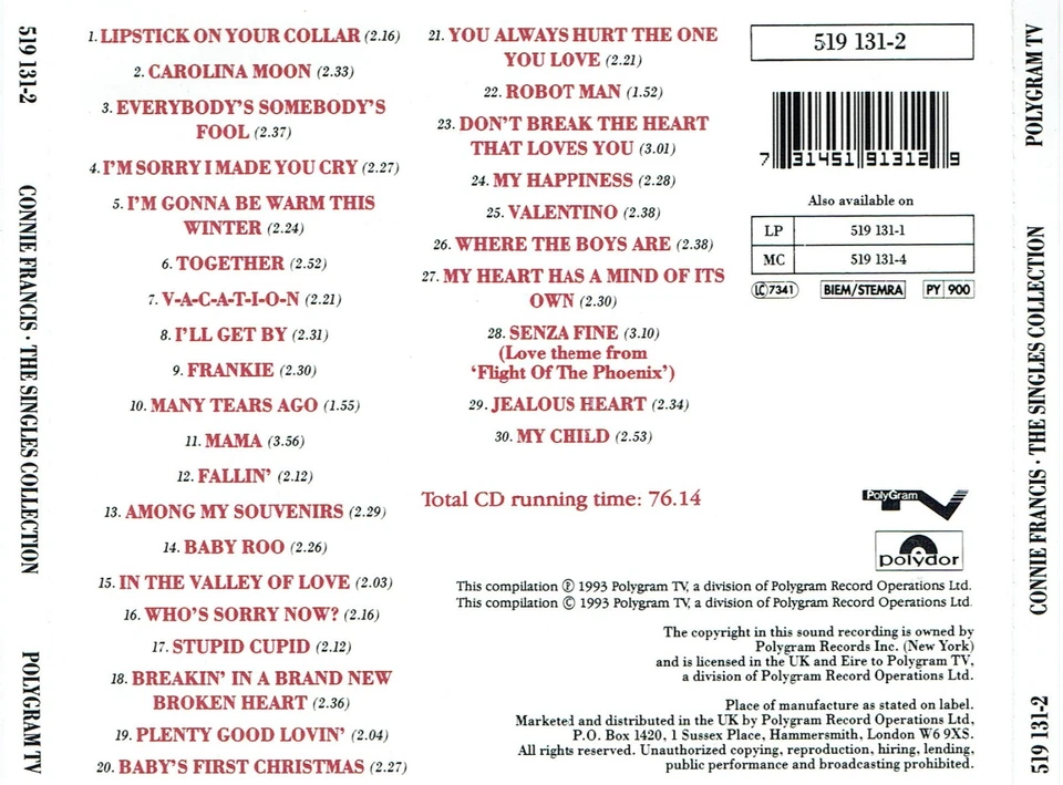 (CD) Connie Francis - The Singles Collection - Lipstick On Your Collar, u.v.a. - Bild 2 von 2