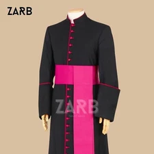 Black Bishop Cassock Fuchsia Purple Trim Clergy Vestment Monsignor Robe