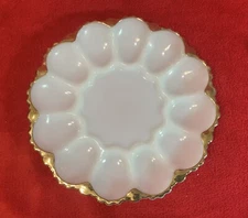 Anchor Hocking 1950s Fire King Milk Glass Deviled Egg Plate Dish 22K Gold Trim