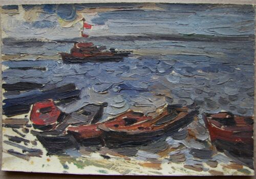 Peinture à l'huile soviétique ukrainienne impressionnisme rivière bateaux paysage marin remorqueur plage - Photo 1 sur 5