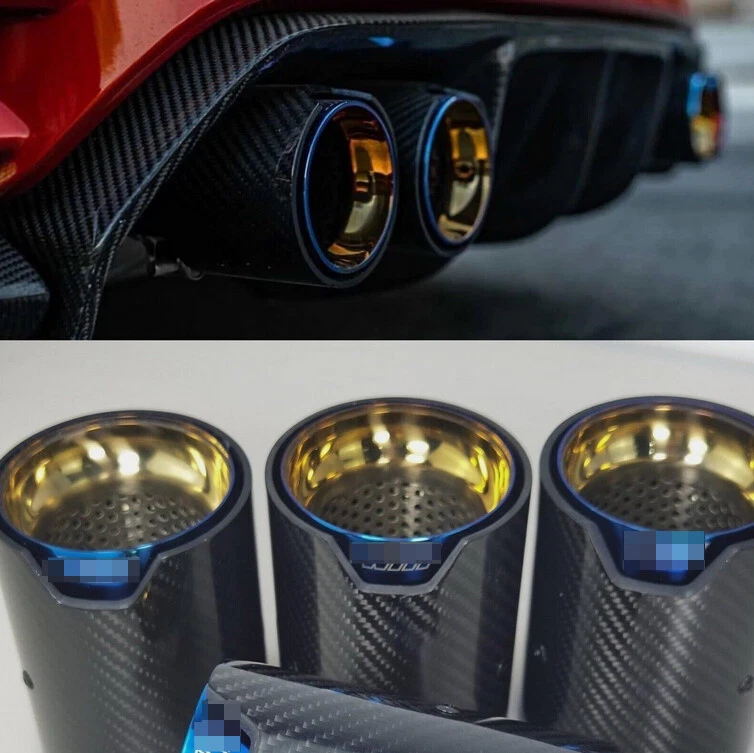 New 4Pcs 2015-2019 BMW F80 M3 F82 M4 70MM Carbon Fiber Stainless Steel Tip Blue - Image 3 of 4