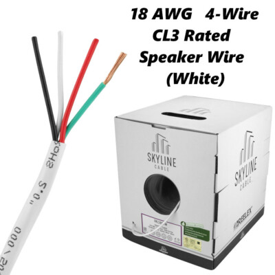 Skyline 4-Wire 18 AWG CL3 Rated Speaker Cable 500ft Box White Audio 4-Conductor