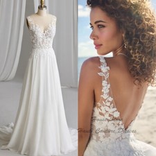 Boho Wedding Dresses Floral Chiffon Open Back Beading Lace A Line Bridal Gowns