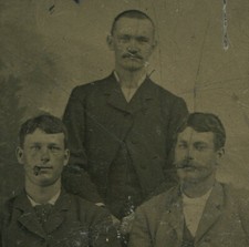 THREE MAN, TWO SMOKING CIGARS. TINTYPE.