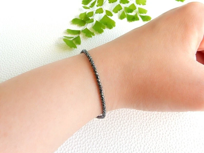 Dainty 2-3MM Black Hematite Faceted Round Gemstone Beads Unisex Bracelets 6-8'' - Image 4 of 4