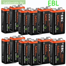 EBL Rechargeable Batteries 9 Volt Li-ion USB  5400mWh 9V Lithium Ion Battery Lot