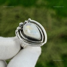 Natural Rainbow Moonstone Solitaire Adjustable Ring 925 Silver For Women