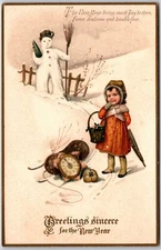1916 Sincere Greeting For The New Year Snowbear & Cute Baby Posted Postcard