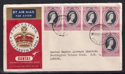 Cocos Island 1953 Quantas FDC to UK / Malaya Singapore