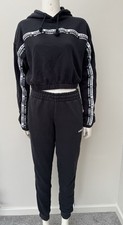 Adidas Originals Tape Logo Cropped Hoodie & Joggers Tracksuit Set Black UK 12 M
