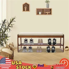 2-Tier Shoe Rack Bench with Seat Cushion Shoe Storage Organizer Entrtway Brown