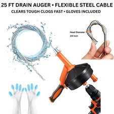 Drain Auger 25FT Plumbing Snake Clog Remover for Kitchen Bathroom Shower-Gloves