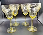 4 Lancaster Yellow Depression Etched Tulip Stemware Wine Water Glasses 10 oz 30s